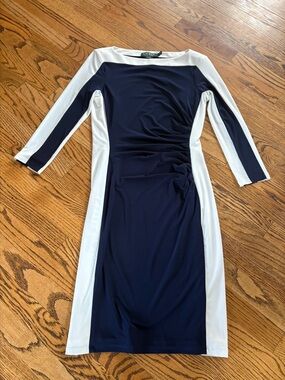 Lauren Ralph Lauren Navy and White Colorblock Midi Sheath Dress